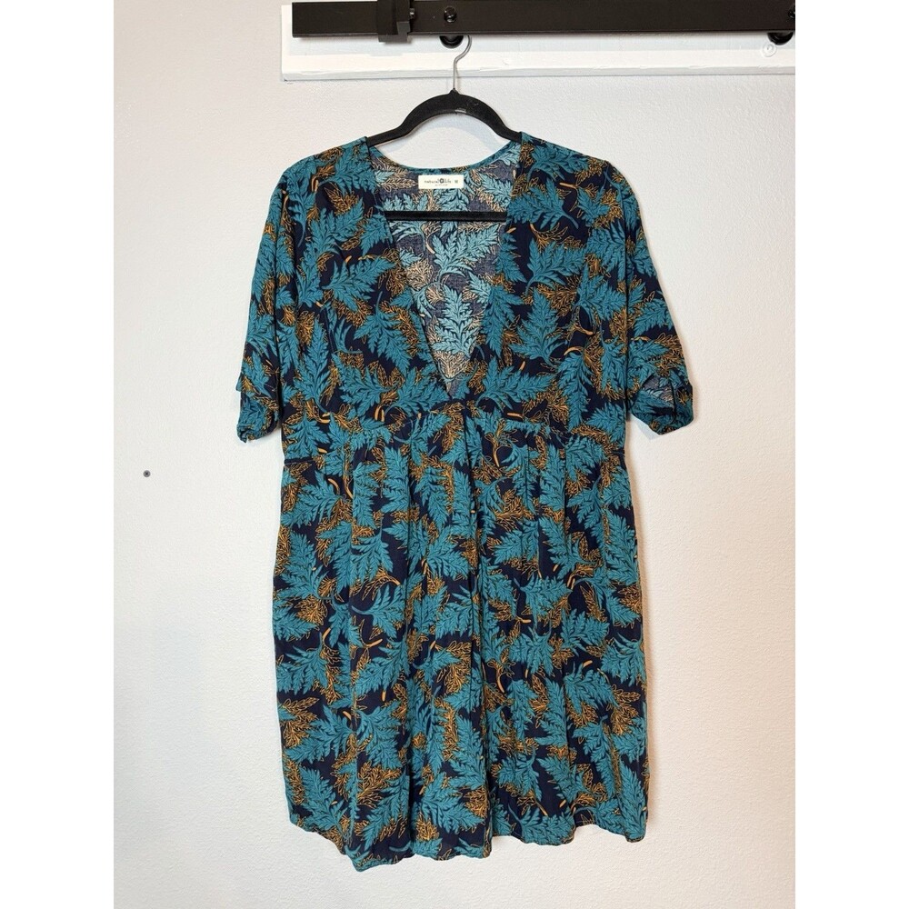 Natural Life Stella Deep V Neck Mini Dress Medium Turquoise Fern Vines Pockets - Picture 2 of 9